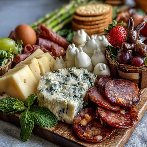 Mini Easter basket charcuterie board with colorful cheeses, cured meats, and sweet treats arranged in festive spring baskets.