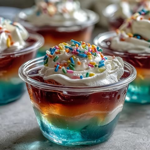 Rainbow Jello Cups for Kids with vibrant, fruity layers and fluffy whipped cream topping in clear plastic cups.  