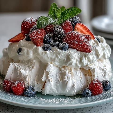 A crisp, golden pavlova shell topped with billowy whipped cream and vibrant fresh berries.