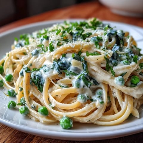 Creamy spring pasta with lemon sauce and peas in a skillet, garnished with Parmesan and lemon zest.