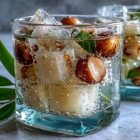 Delicate lychee agar jelly cubes glistening in bright, bubbly yuzu water, perfect refreshment.