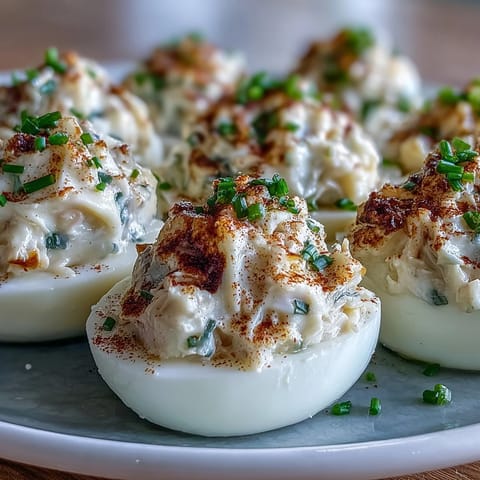 Golden Crab Cake Deviled Eggs with Old Bay seasoning, perfect for any party.