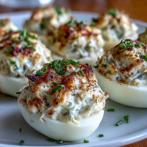 Crab Cake Deviled Eggs with Old Bay, a creamy, zesty appetizer delight.