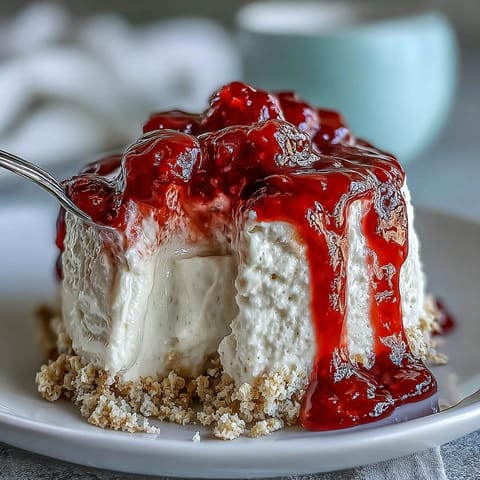 Creamy Mother's Day no-bake cheesecake with vibrant raspberry coulis drizzle.
