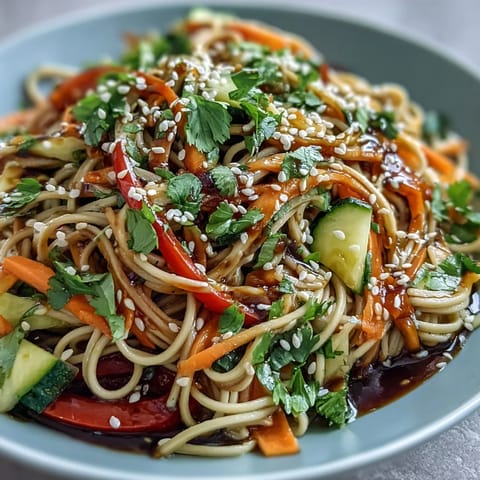 Chilled soba noodle salad with sesame ginger dressing, a vibrant and refreshing cold Asian-inspired dish.