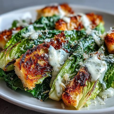 Gorgeous grilled Caesar salad with charred romaine and creamy dressing.