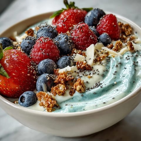 Creamy Skyr Protein Smoothie Bowl topped generously with colorful berries and granola.