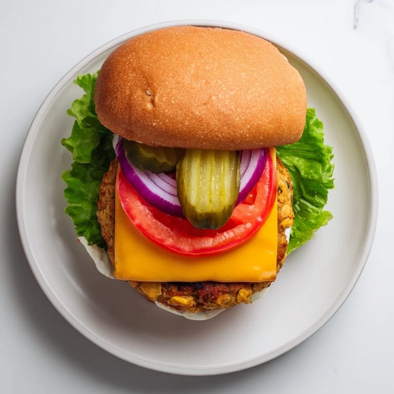 Stacked veggie burger with lettuce, onion rings, and condiments served alongside crispy sweet potato fries.