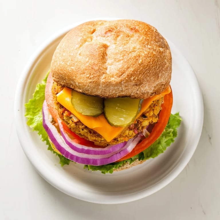 Golden veggie burger garnished with fresh parsley, melted cheese, tomato, and pickles on a soft bun.