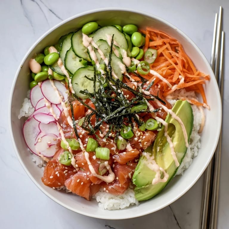 Colorful Poke Bowl dinner with sushi-grade fish, sliced avocado, and bright microgreens on rice, showcasing a drizzle of spicy mayo and a squeeze of lime.