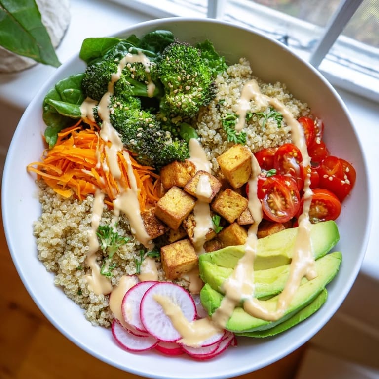 Hearty Buddha Bowl featuring brown rice, chicken, spinach, and carrots, topped with toasted sesame seeds and fresh herbs.