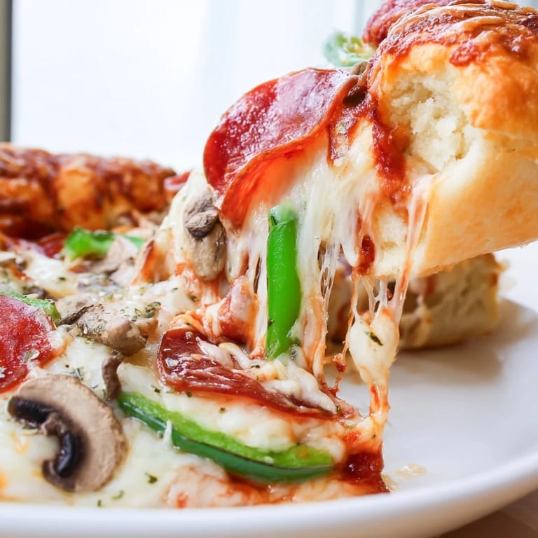 Warm Stuffed Crust Pizza on a tray with melted cheese, red tomato sauce, and fresh herbs.