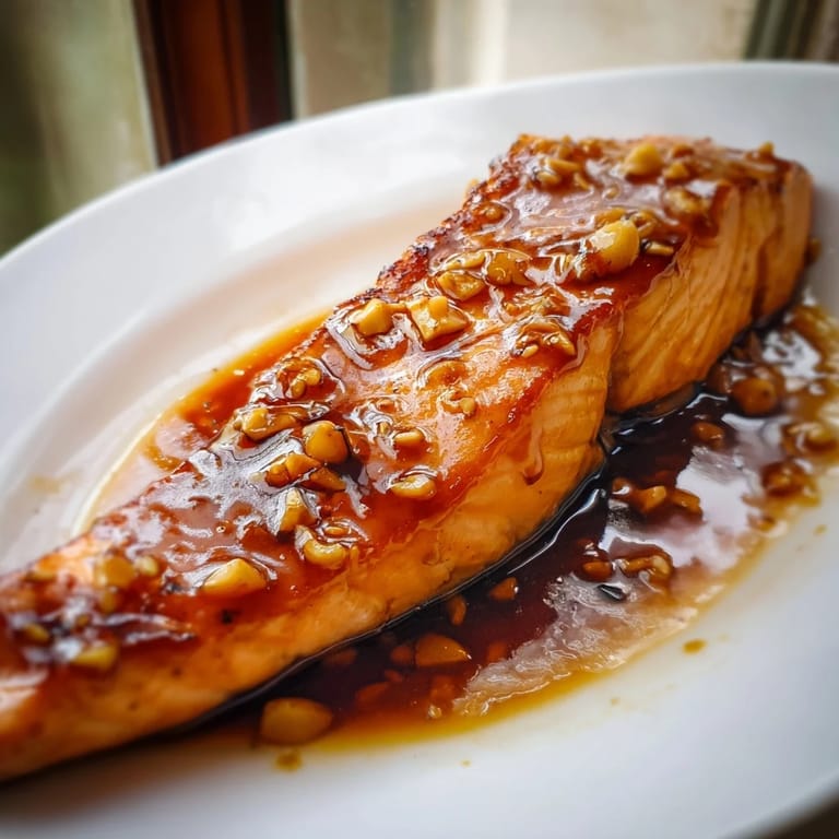 Tender Honey Garlic Salmon fillets with a sticky glaze, garnished with green onions and sesame seeds on a wooden plate.