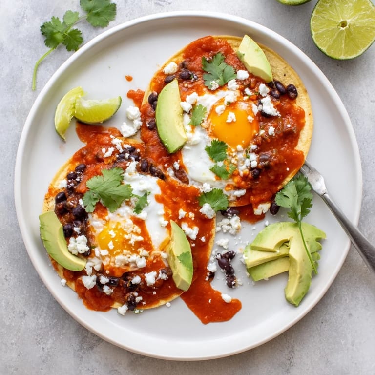Sliced avocado and crumbled queso fresco top a hearty plate of vegetarian Huevos Rancheros for breakfast.