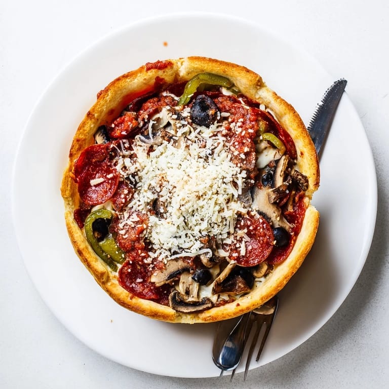 A thick, cheesy Deep Dish Pizza resting in a round pan, topped with vibrant bell peppers, mushrooms, and black olives for serving.