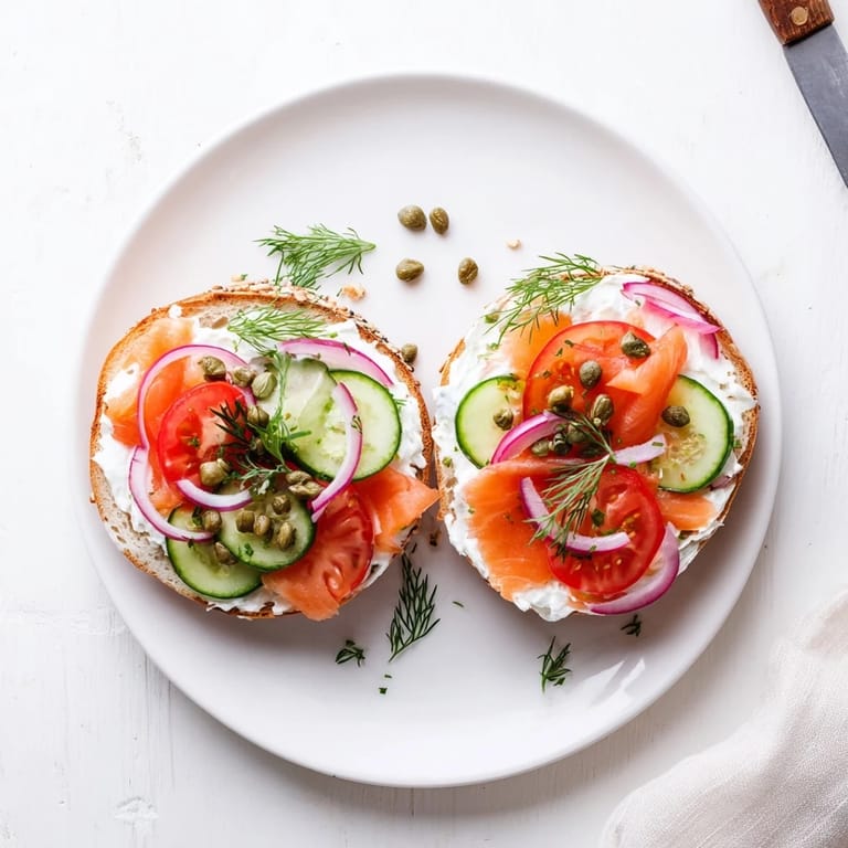 A toasted sesame bagel loaded with cream cheese, smoked salmon, capers, and thinly sliced red onion.