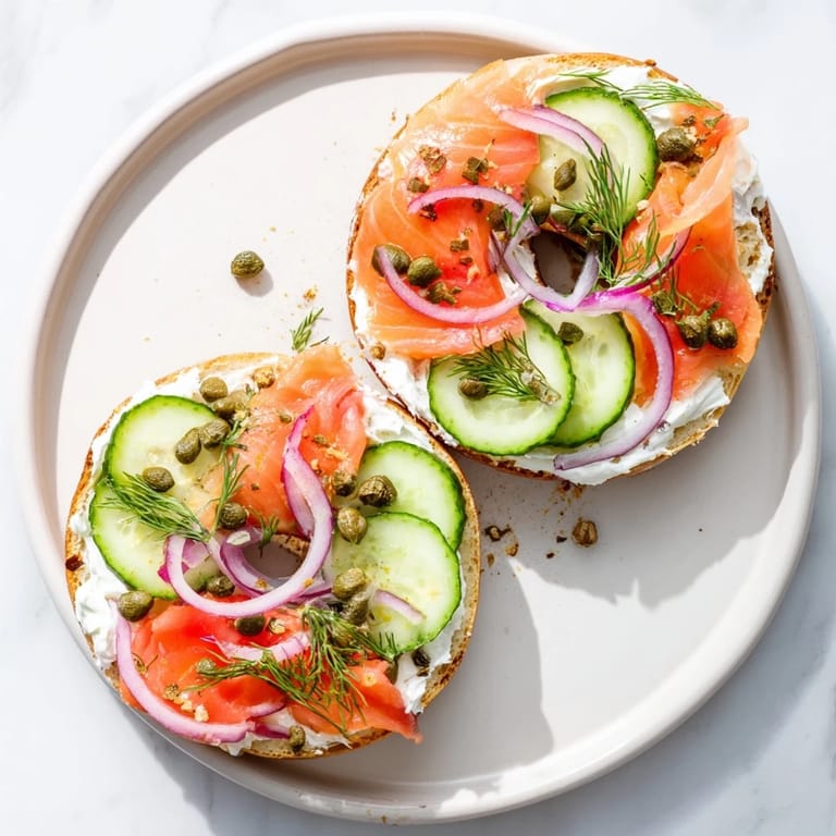 A classic bagel with cream cheese topped with sliced tomato and cucumber, served on a rustic wooden board.