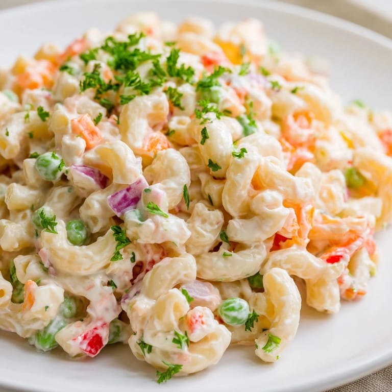 Cold Macaroni Salad featuring tender elbow pasta tossed in creamy dressing.