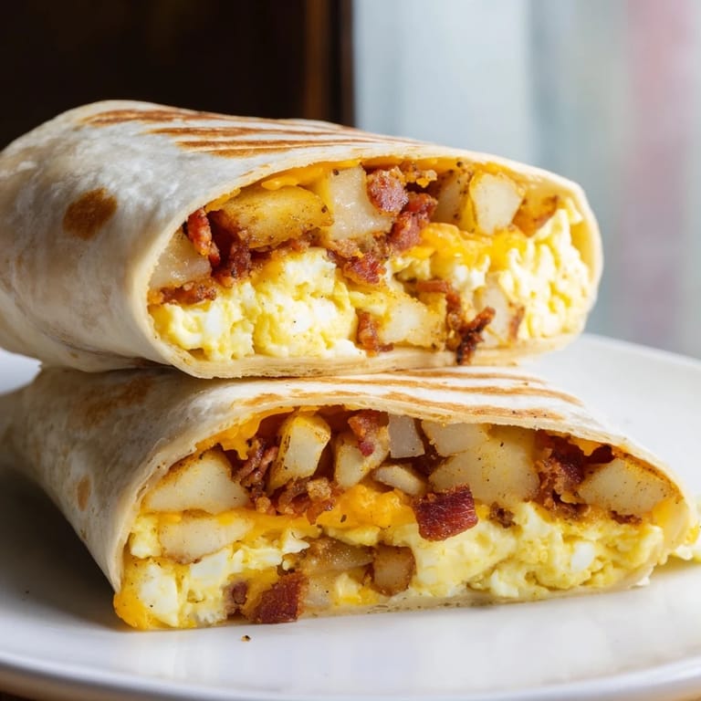 Steaming flour tortilla wrap stuffed with scrambled eggs, savory sausage, and sautéed peppers, ready to eat.