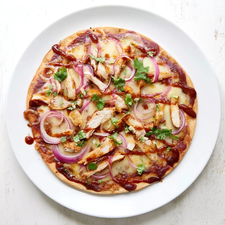 Golden-crust Chicken BBQ Pizza topped with smoky mozzarella, gouda, and fresh cilantro on a rustic wooden board.