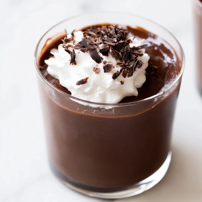Homemade Chocolate Pudding with a smooth texture, resting on a marble countertop alongside a vintage spoon. 