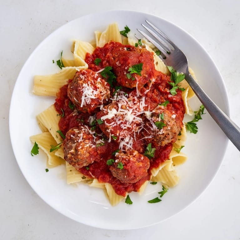 Savory turkey meatballs plated alongside buttery noodles, garnished with parsley and cheese for a comforting, healthy meal.