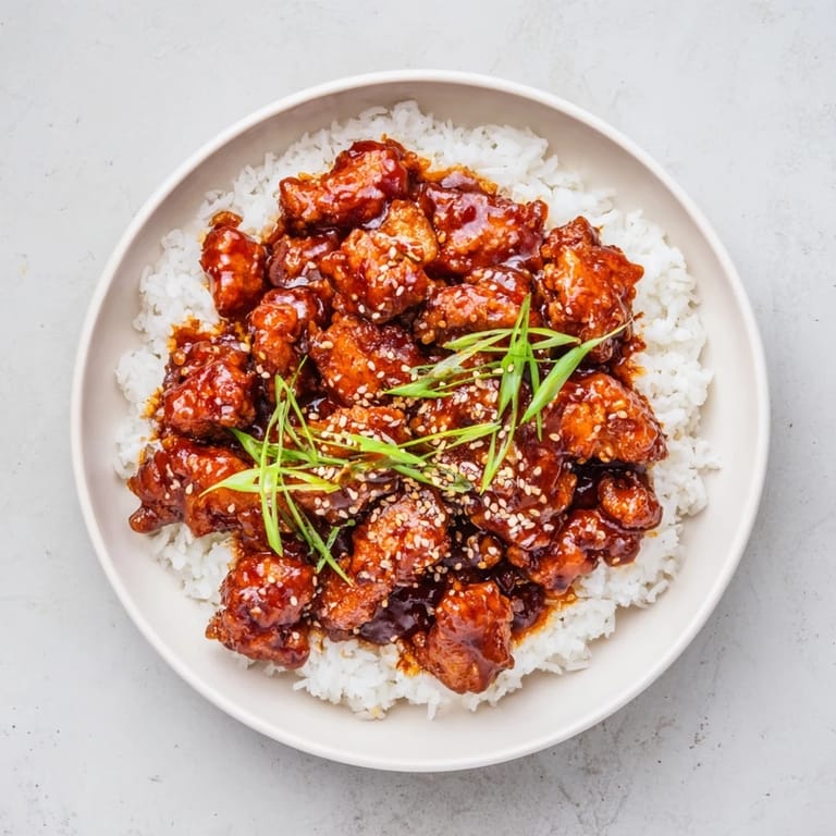 Golden-brown General Tsos Chicken tossed with garlic, ginger, and dried red chilies.