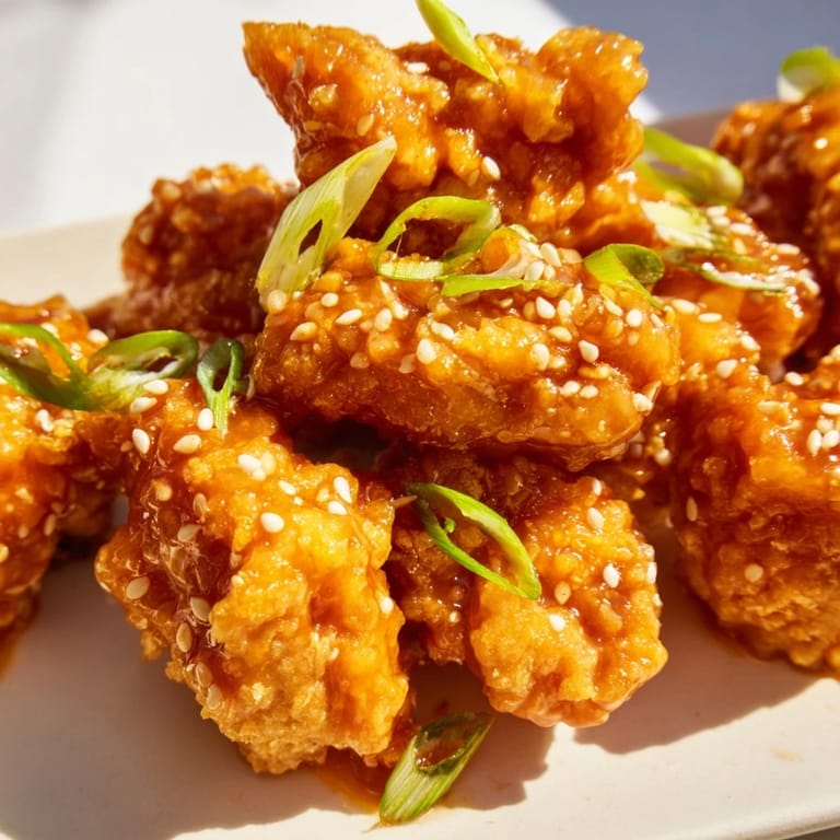 Golden-fried Orange Chicken pieces coated in sticky Chinese-American sauce, ready to serve for a takeout-style family dinner.