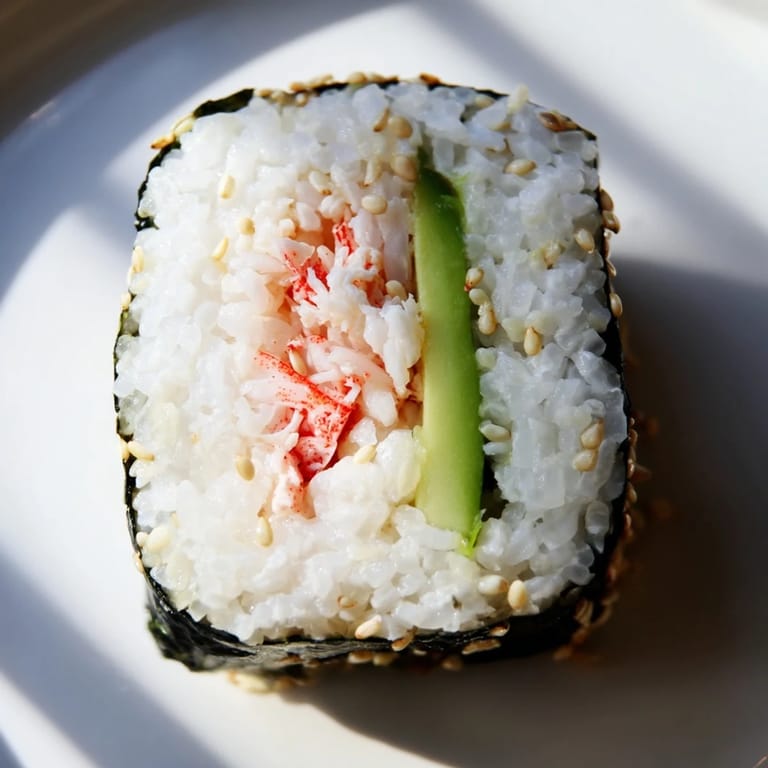 Sliced California Roll on a platter with soy sauce, pickled ginger, and wasabi for dipping.