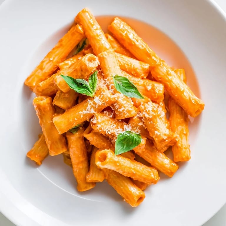 Close-up of a fork lifting twirls of roasted red pepper pasta, showcasing the vibrant sauce and fresh basil garnish.