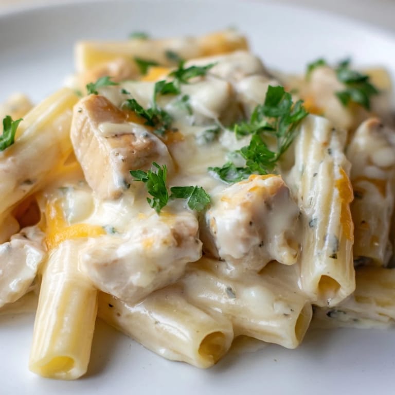 Serving suggestion for Chicken Alfredo Casserole with parsley garnish, paired beside a crisp green salad for a complete family meal.