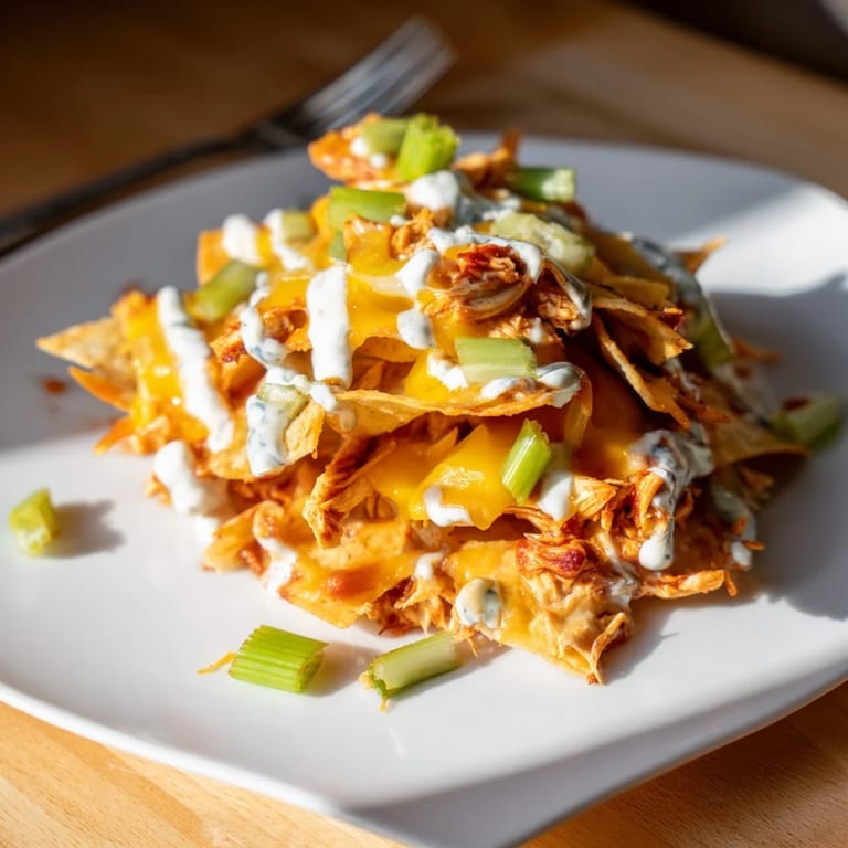 A close-up view of Buffalo Chicken Nachos topped with green onions and diced celery, served hot on a platter for game day.