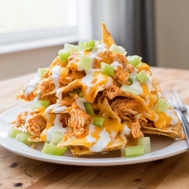 Overhead shot of homemade Buffalo Chicken Nachos, golden cheese bubbling over chips with optional tomatoes and cilantro garnish.