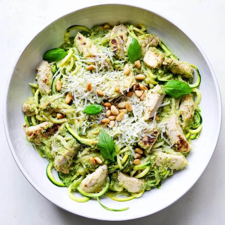 Tender chicken and crisp zucchini noodles tossed in herby basil pesto, topped with Parmesan and pine nuts.