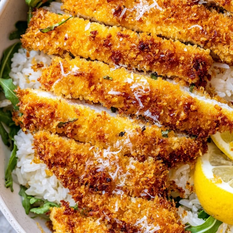A close-up of the Crispy Parmesan Chicken Cutlet Bowl featuring sliced breaded chicken, steamed rice, and vibrant greens.  