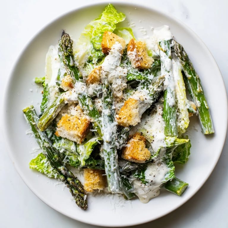Tender roasted asparagus combines with romaine and tangy yogurt Caesar dressing for a fresh Roasted Asparagus Caesar Salad.