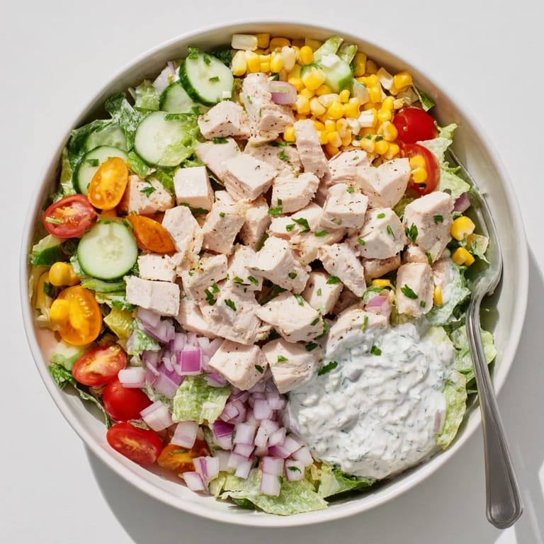 A hearty bowl of Ranch Chicken Chopped Salad topped with sharp cheddar, cherry tomatoes, and fresh herbs for a colorful meal.