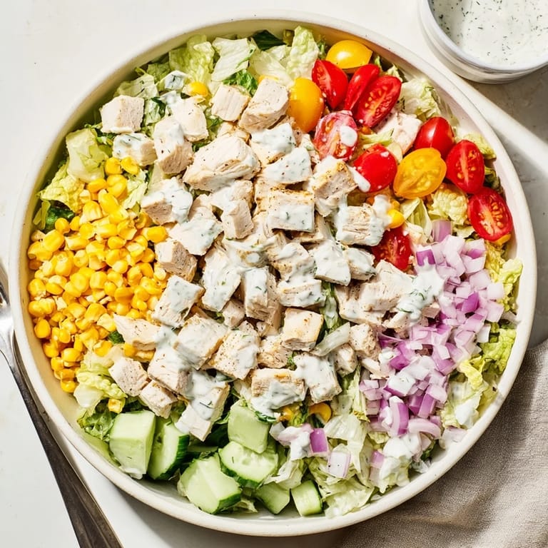 Healthy Ranch Chicken Chopped Salad served in a rustic bowl with diced cucumber and creamy Greek yogurt ranch dressing.
