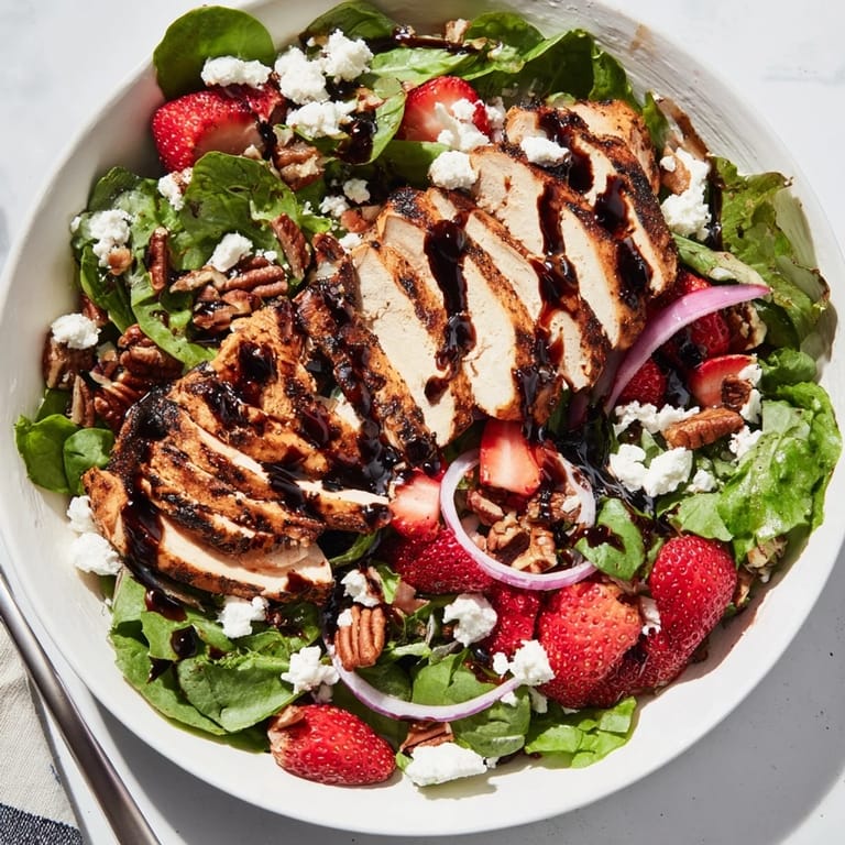 A vibrant bowl of Strawberry Balsamic Chicken Salad features sweet berries, creamy feta, and tender grilled chicken atop salad greens with a tangy balsamic drizzle.  