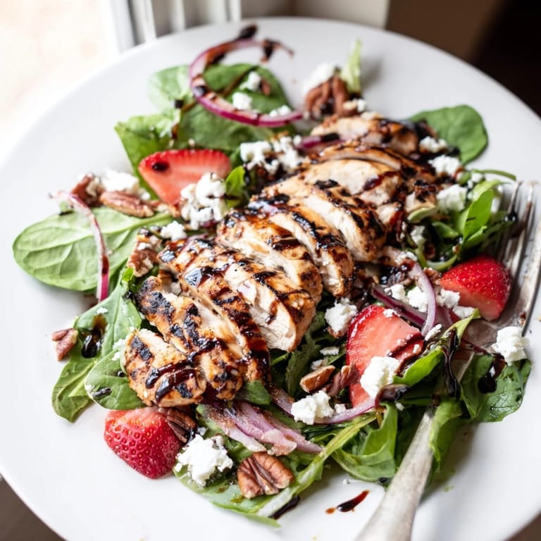 Serve this bright Strawberry Balsamic Chicken Salad at a summer lunch, showcasing sliced strawberries, crunchy nuts, and juicy chicken with a honey-balsamic glaze.