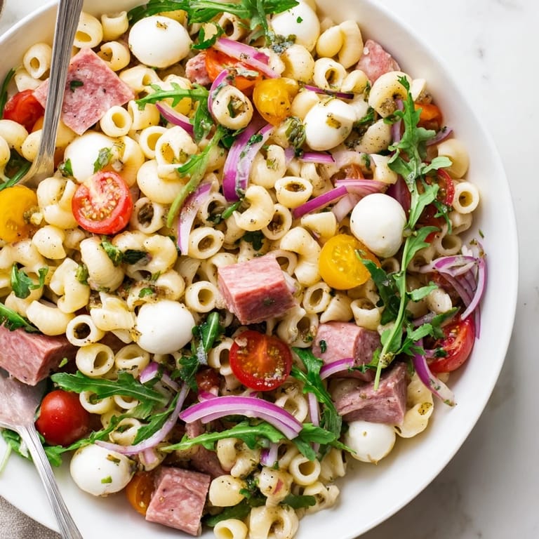 Serving suggestion for Spring Antipasto Pasta Salad, a colorful Italian-American dish perfect for spring picnics and potlucks, tossed in a bright vinaigrette.