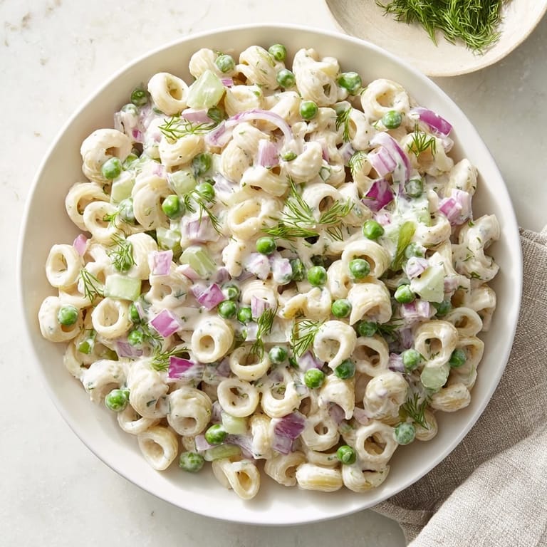 A close-up of Creamy Dill Pickle Pasta Salad shows a creamy, zesty dressing coating the pasta, with visible flecks of celery and red onion.