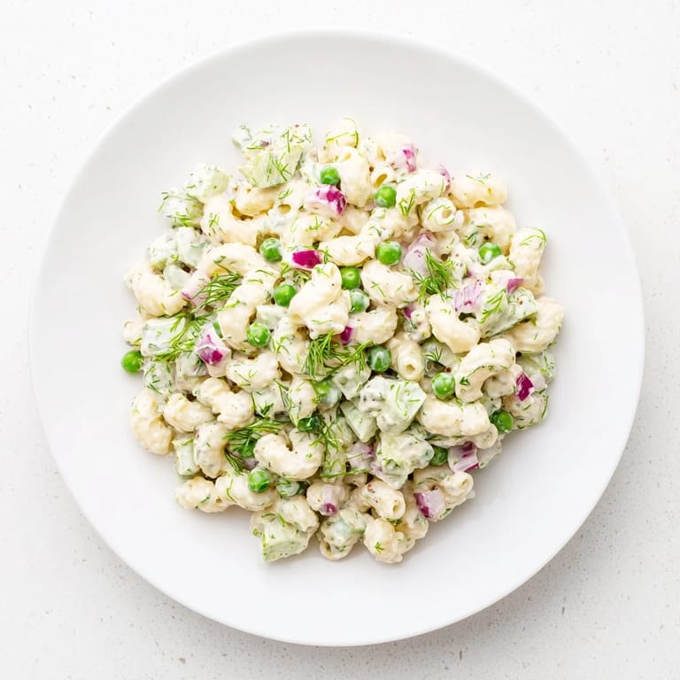 This Creamy Dill Pickle Pasta Salad is garnished with fresh dill, perfect for a sunny picnic table next to grilled chicken.