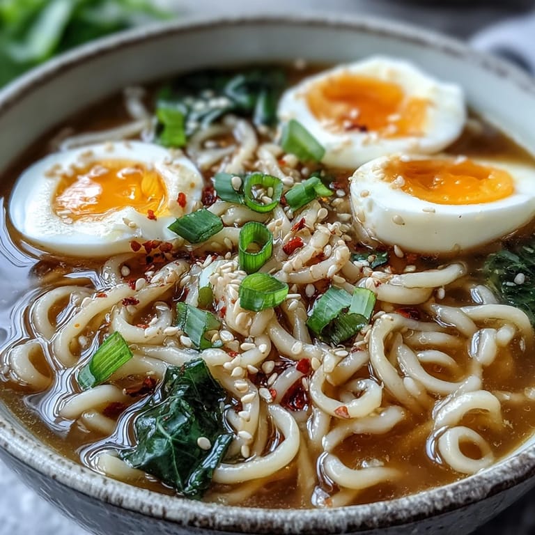 Shirataki Noodles With Broth topped with green onions and sesame seeds, served in a ceramic bowl.