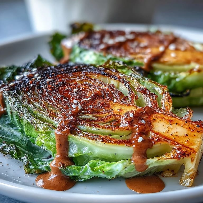 Thick cabbage steaks roasted to caramelized perfection, brushed with olive oil and spices, served warm with creamy tahini sauce and sesame seeds.