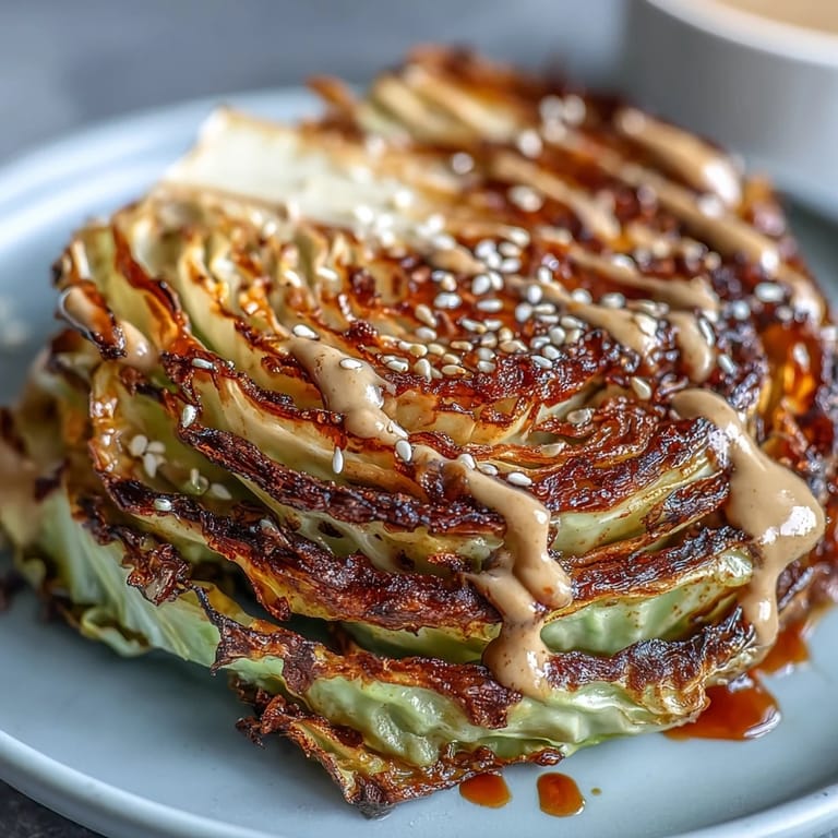A close-up of plant-based roasted cabbage steaks with tahini drizzle, parsley, and lemon, perfect as a hearty Middle Eastern-inspired side or main.