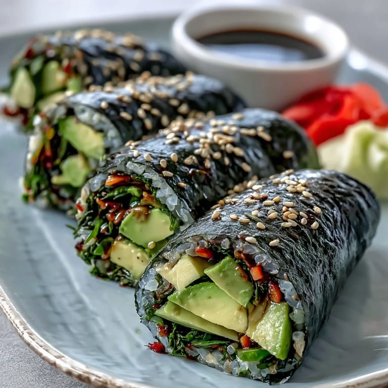 Fresh Nori Rolls with Vegetables stacked on a white plate, revealing bright layers of julienned carrots, red bell pepper, and sesame seeds.