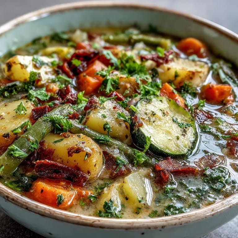 A comforting bowl of Parmesan Veggie Soup served hot, garnished with fresh herbs and a slice of toasted bread.