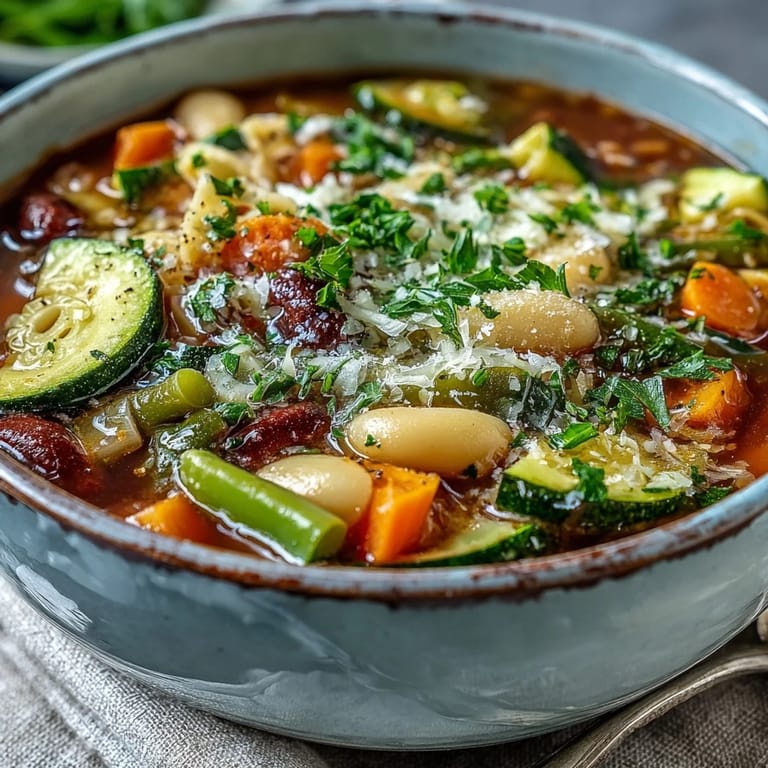 Colorful Vegetable Minestrone served in a rustic ceramic bowl, garnished with fresh parsley and a slice of crusty bread.