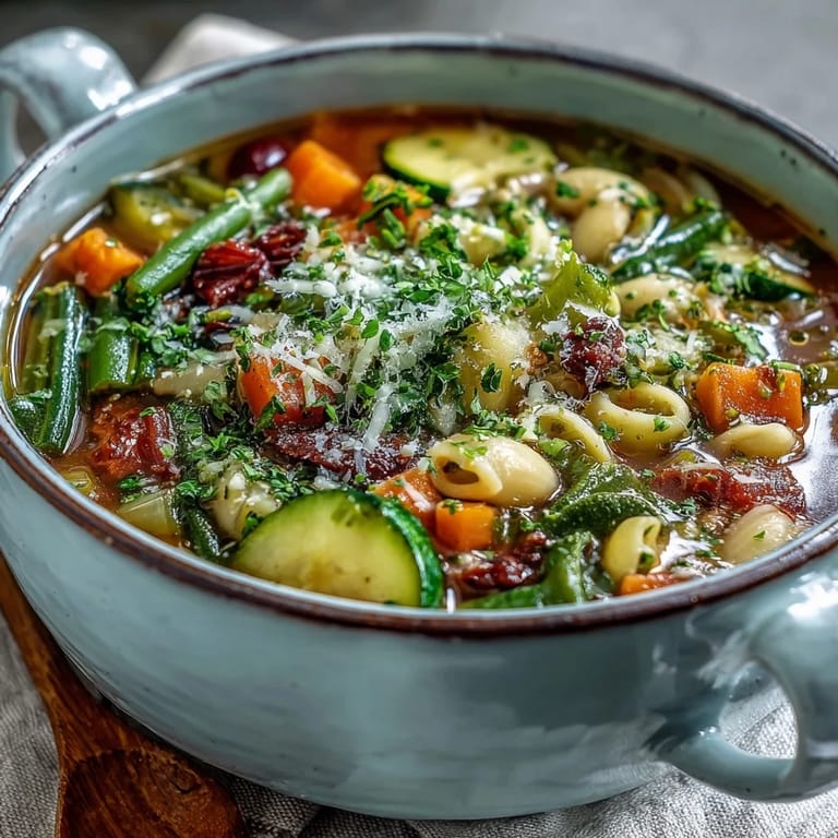 Hearty Italian Vegetable Minestrone soup simmering in a pot, with al dente pasta and vibrant chopped carrots and zucchini.